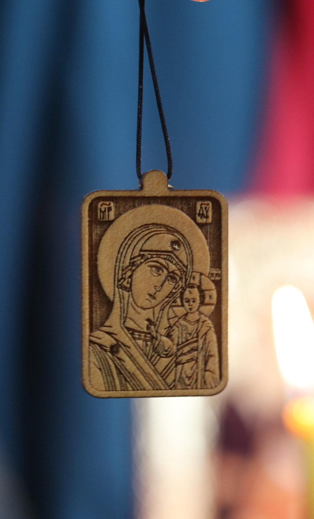 Orthodox Wooden Pendant – Icon of Theotokos with Christ – Burned Wood Necklace – Blessed Christian Medal, Crucifixes crosses, Wood cross