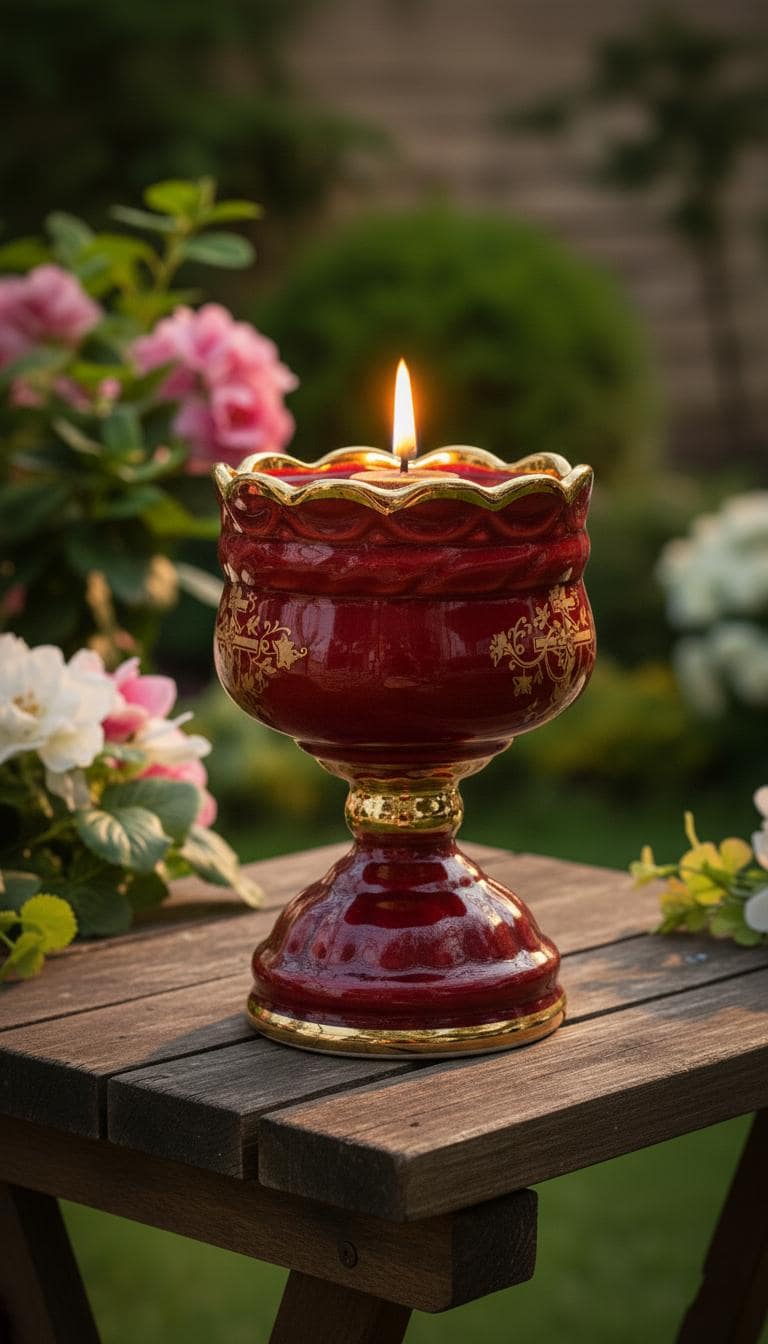 Christian Red Ceramic Table Oil Lamp 5.5in. Set Includes: Lamp, floating wick, wick holder