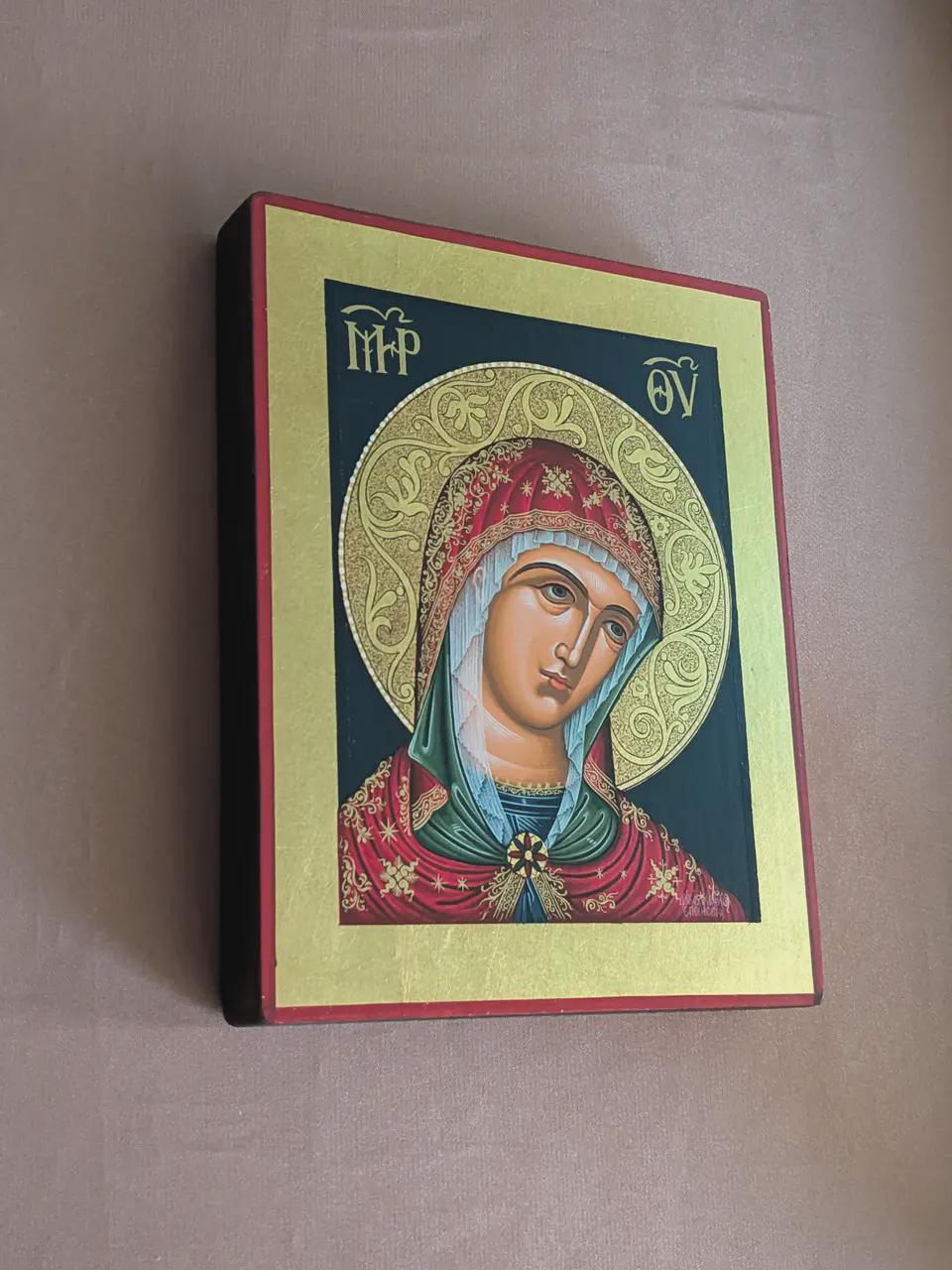 Hand-Painted Greek Icon 7.4×5.9in — Virgin Mary Icon, Byzantine Style, Gold Leaf Icon.