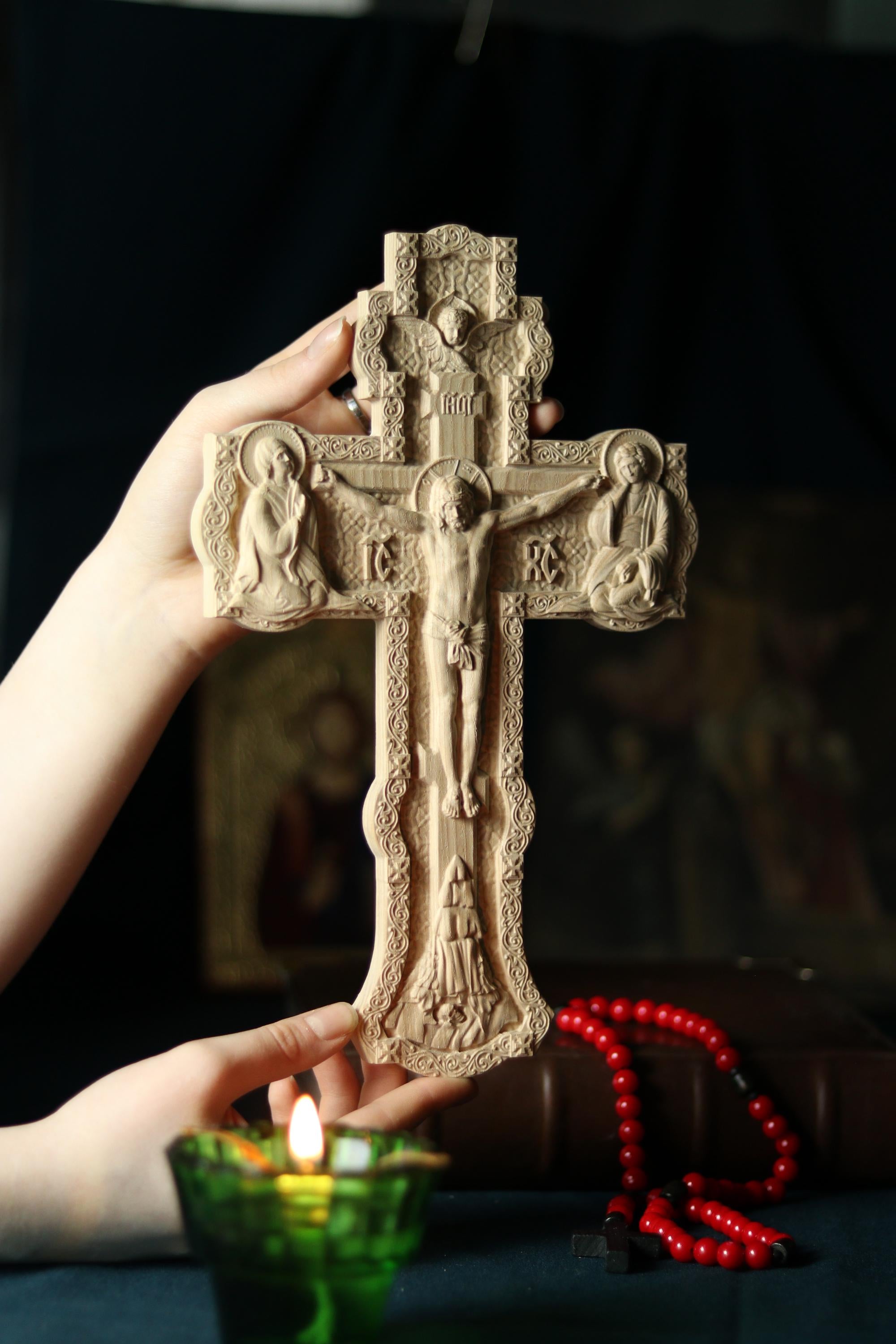 12in Beech Wood Cross, Wooden Cross, Orthodox Crucifix,Lord Jesus Christ