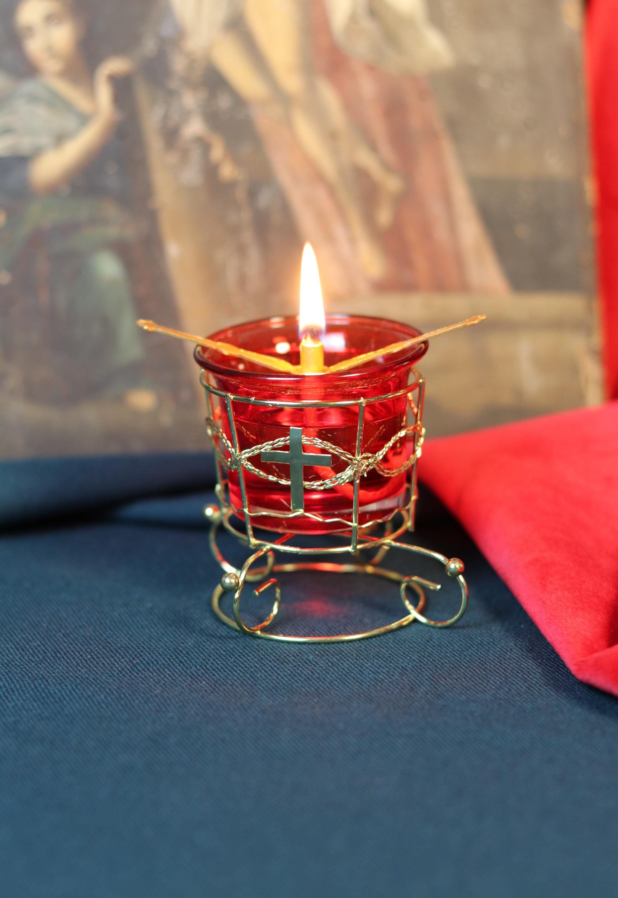 Red Glass Oil Lamp in Metal Stand 2in  – Orthodox Candle Holder for Prayer, Aromatherapy, Altar Decor, Christian Gift, Orthodox prayer