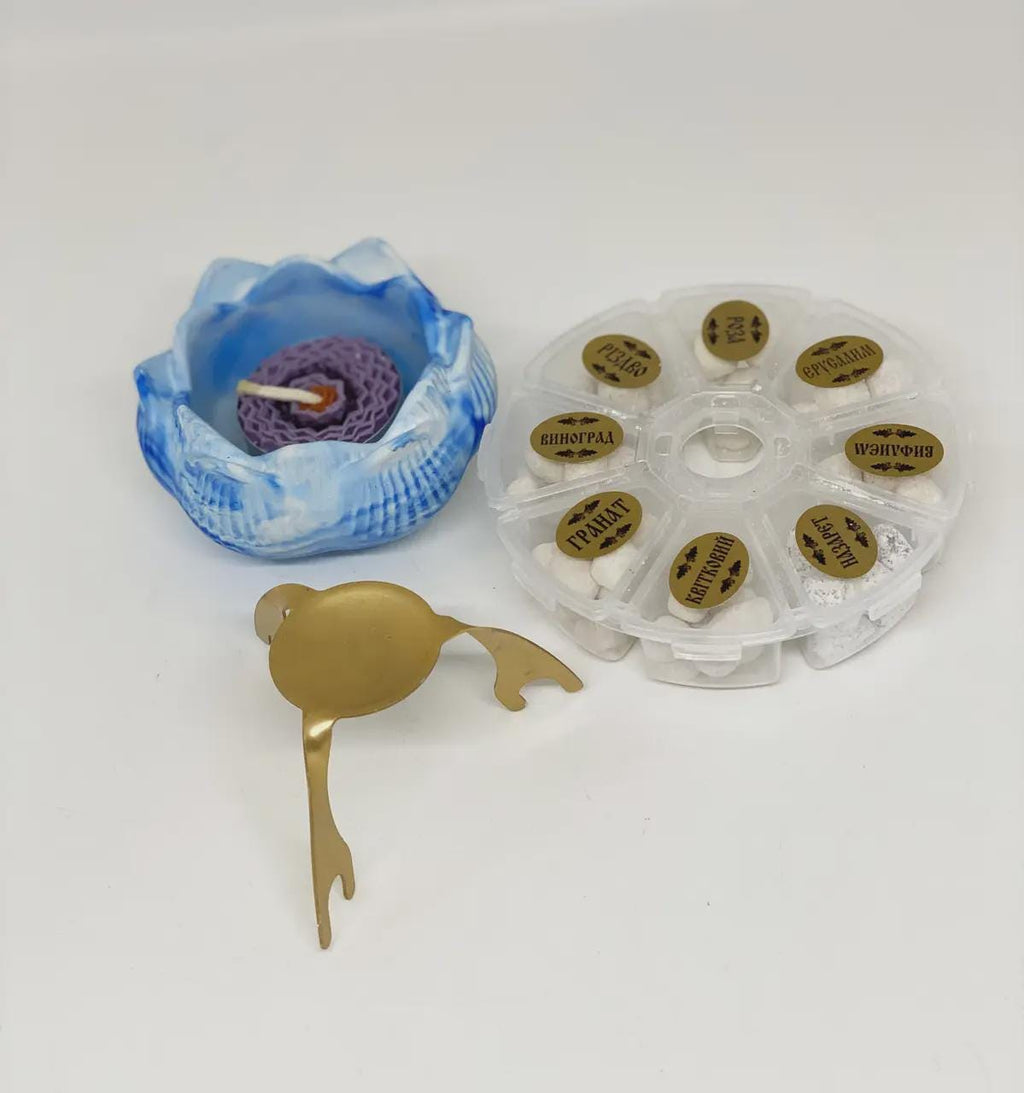 Home Incense Set – 8 Types of Athonite Incense, Candle Holder “Lotus”, Spider Stand & Folding Icon