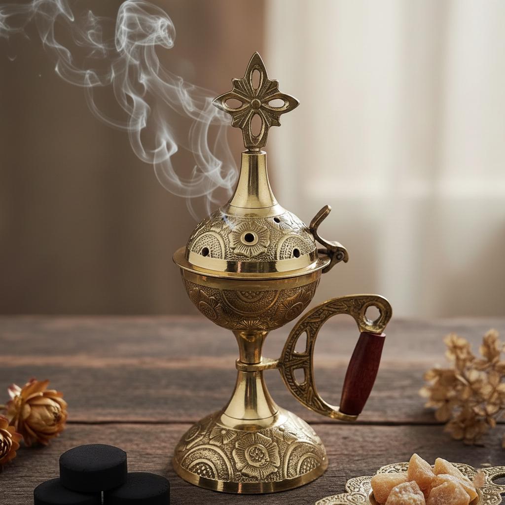 Metal Incense Burner 6.7in Set – Greek Censer with Embossed Design, 50g Greek Incense, 24mm Charcoal Tablets, Orthodox Prayer Kit