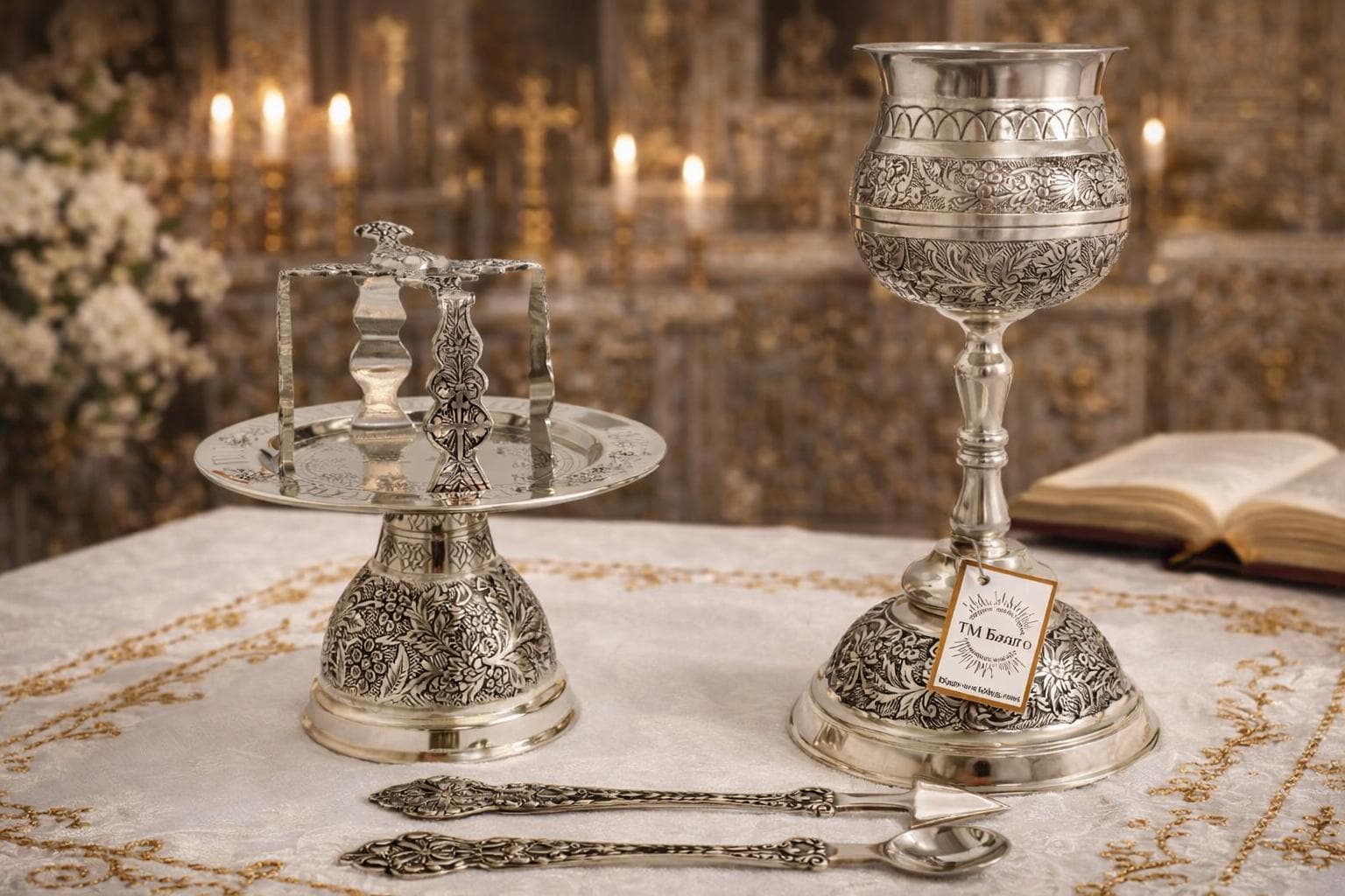 Nickel Eucharist Set 500ml Chalice Diskos Set, Orthodox Communion Set, Spoon Spear Set, Church Altar Set, Liturgical Vessels Gift