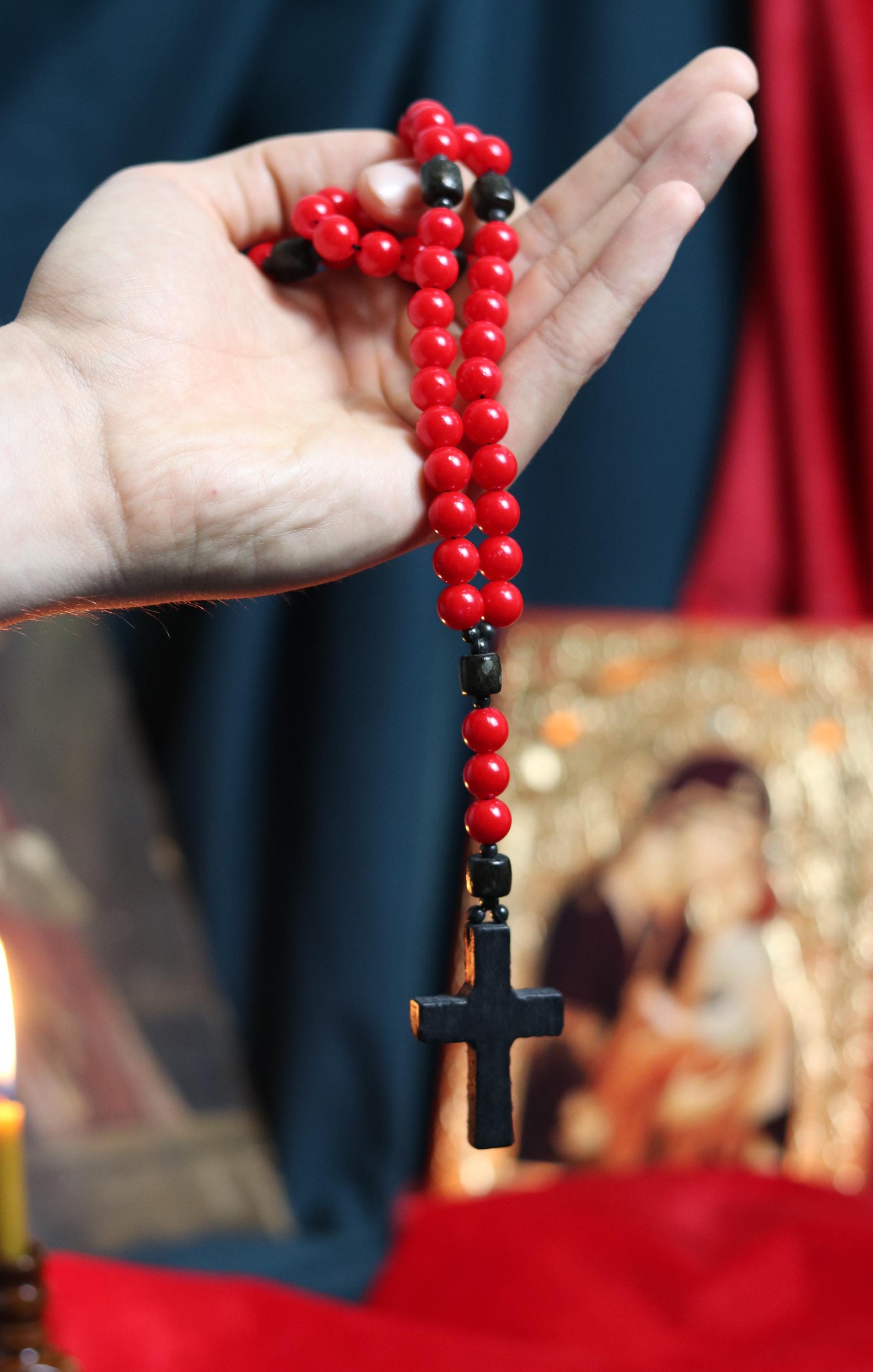 Orthodox Wooden Prayer Beads with Tassel – Handmade Black Wood Orthodox rosaries, Prayer beads, Orthodox prayer rope, Red komboskini