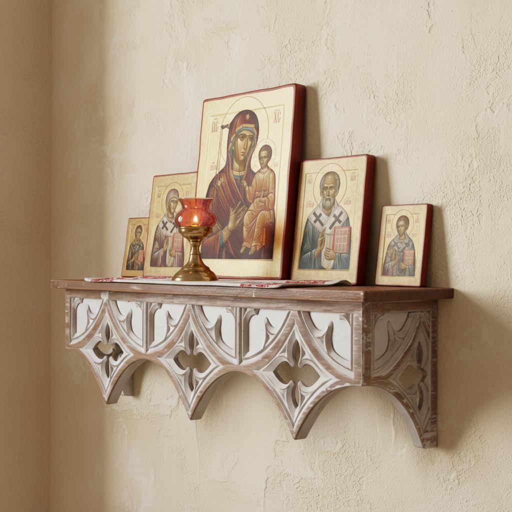 Wooden shelf for a home iconostasis, Orthodox Home Icon Stand, Prayer Corner Shelf