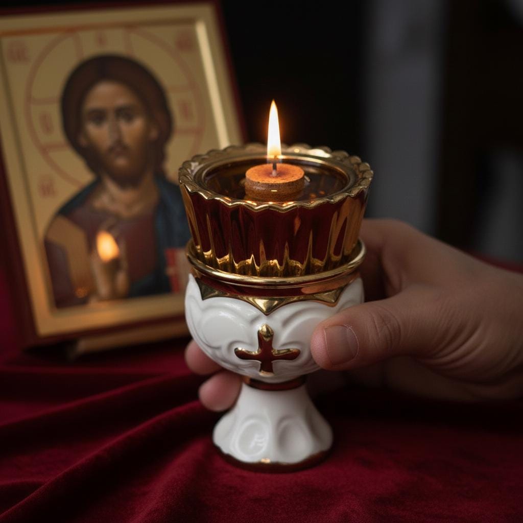White Ceramic Icon Lamp 4.9in, Orthodox Oil Lamp, Church Lamp, Prayer Corner Lamp, Religious Decor, Orthodox Gift