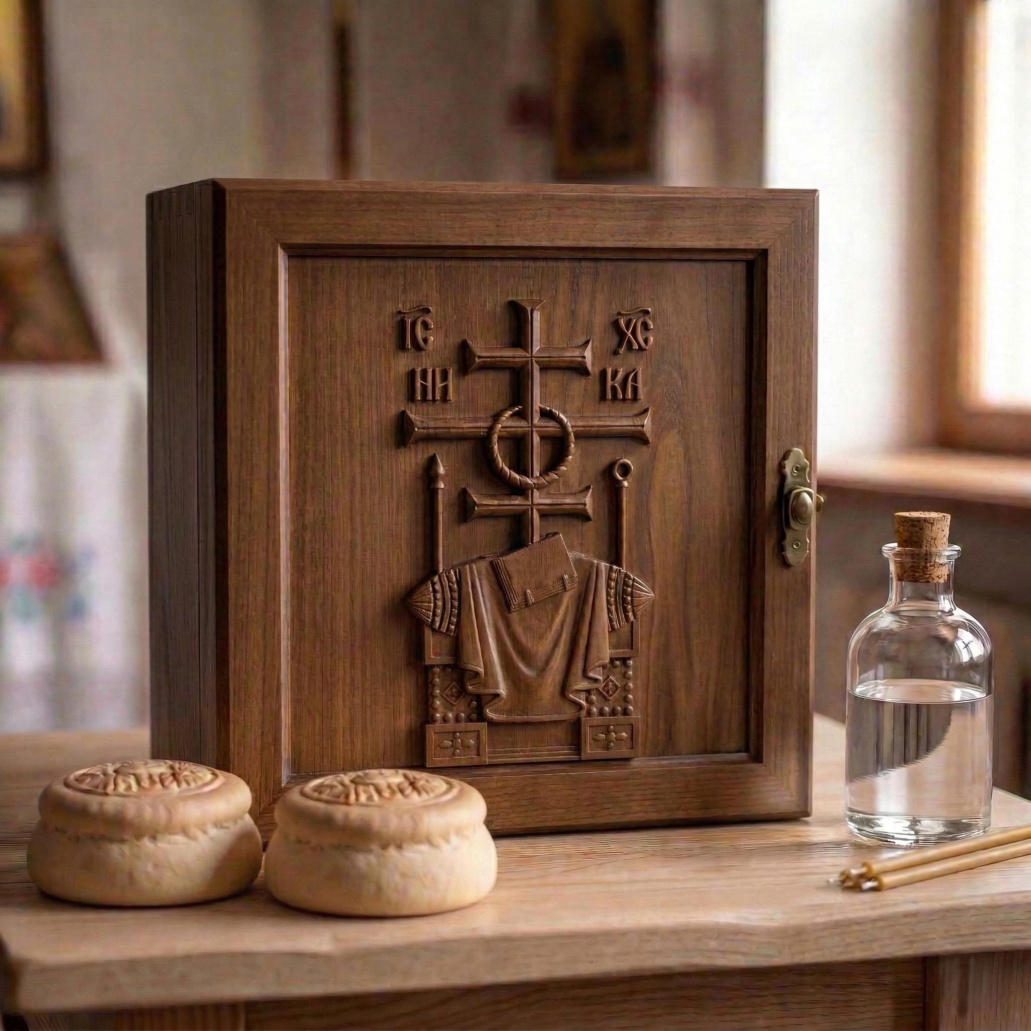 13.8 Inch Wooden Prosphora Box, Church Box, Orthodox Box, Antidoron Box, Artos Box, Holy Water Box, Religious Storage, Church Decor