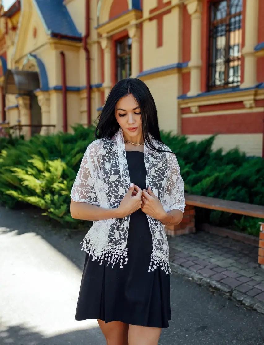 White Chiffon Women Scarf, 61x20 Inch, Floral Lightweight Shawl, Elegant Summer Scarf