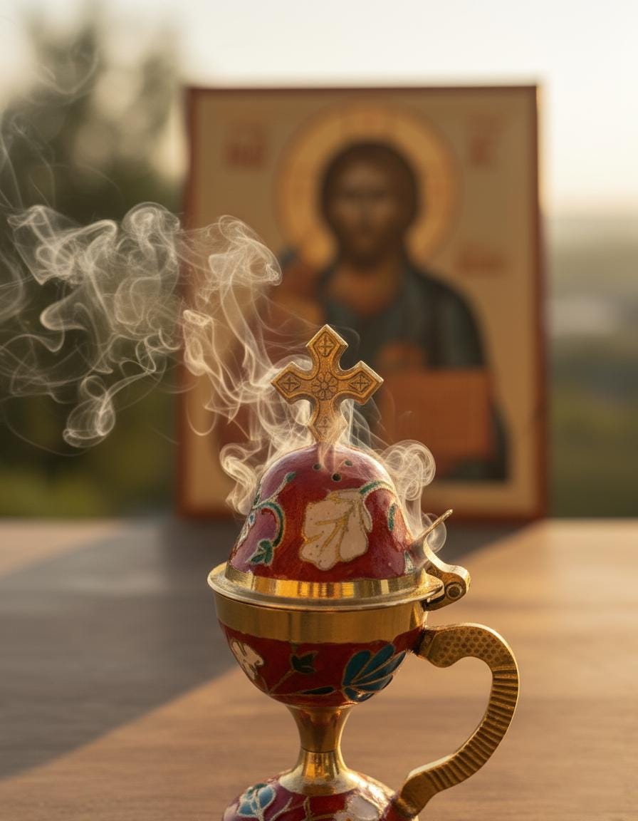 Incense burning set: metal enamel censer 5.9 in, 50 grams of Greek incense, 6 coals 24 mm.