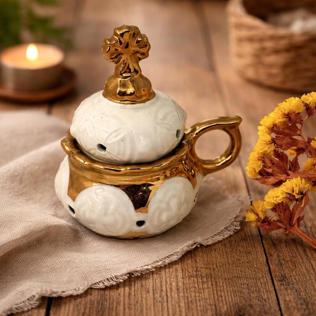 White Ceramic Incense Burner with Handle 4.3 in., Orthodox Censer, Christian Incense Holder