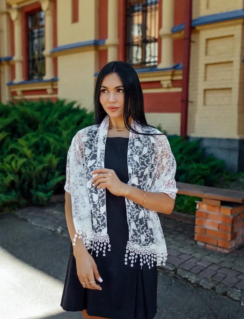 White Chiffon Women Scarf, 61x20 Inch, Floral Lightweight Shawl, Elegant Summer Scarf