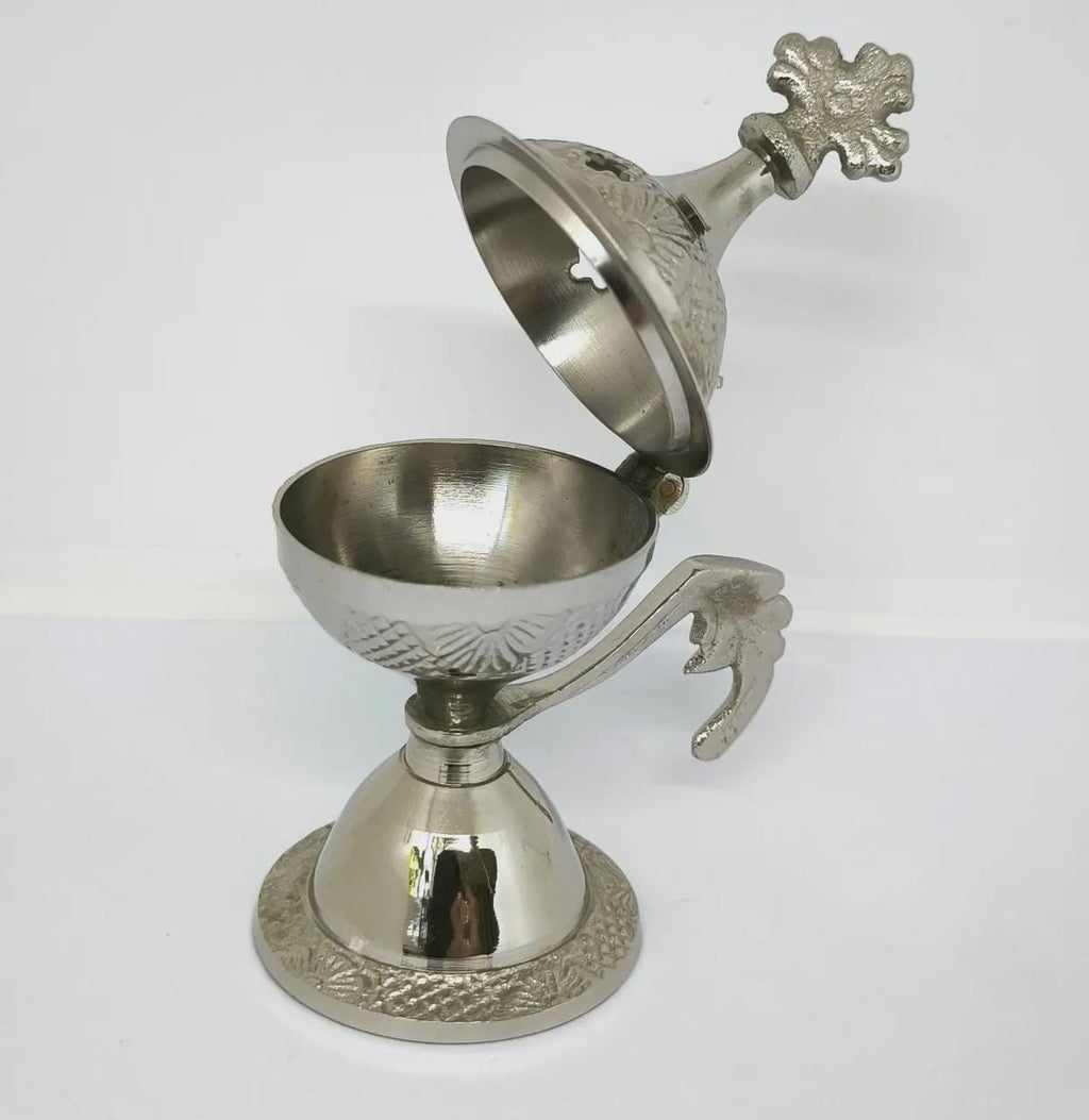 Small Silver Incense Burner 4.3in Set – Greek Orthodox Censer, 50g Greek Incense, 24mm Charcoal Tablets.