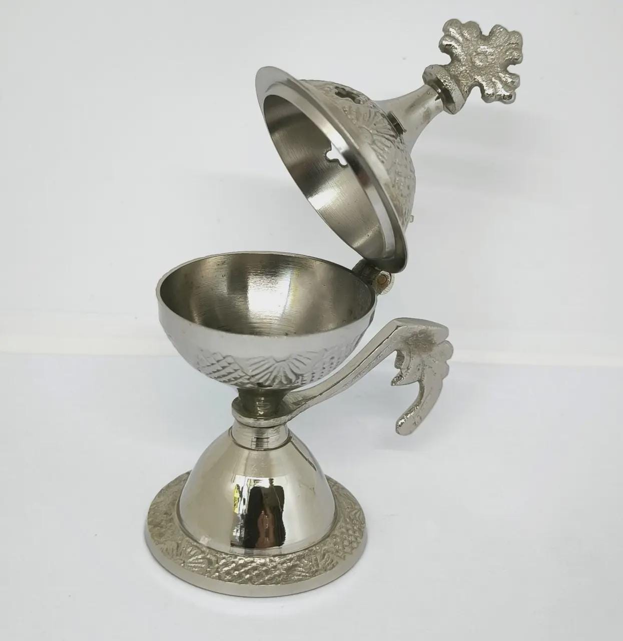Small Silver Incense Burner 4.3in Set – Greek Orthodox Censer, 50g Greek Incense, 24mm Charcoal Tablets.