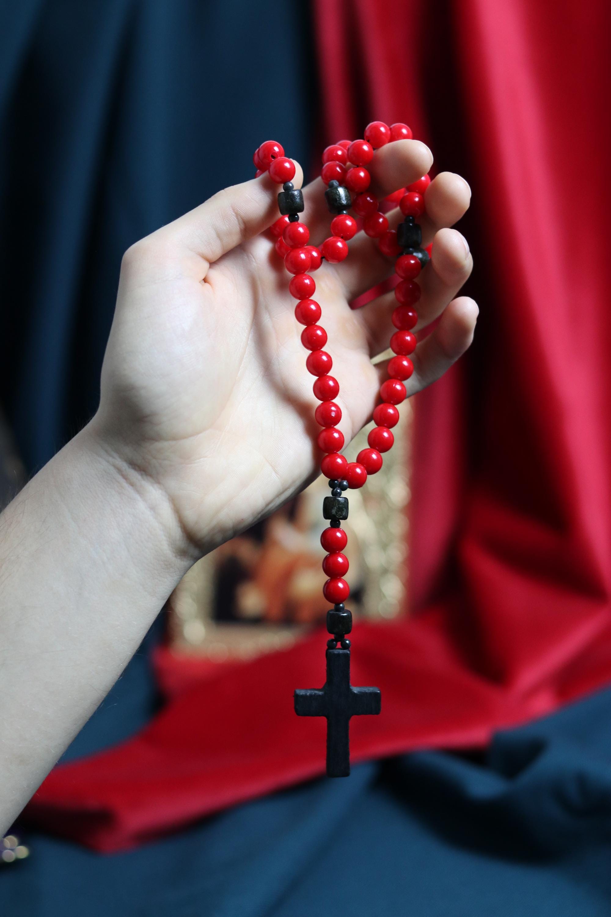 Orthodox Wooden Prayer Beads with Tassel – Handmade Black Wood Orthodox rosaries, Prayer beads, Orthodox prayer rope, Red komboskini