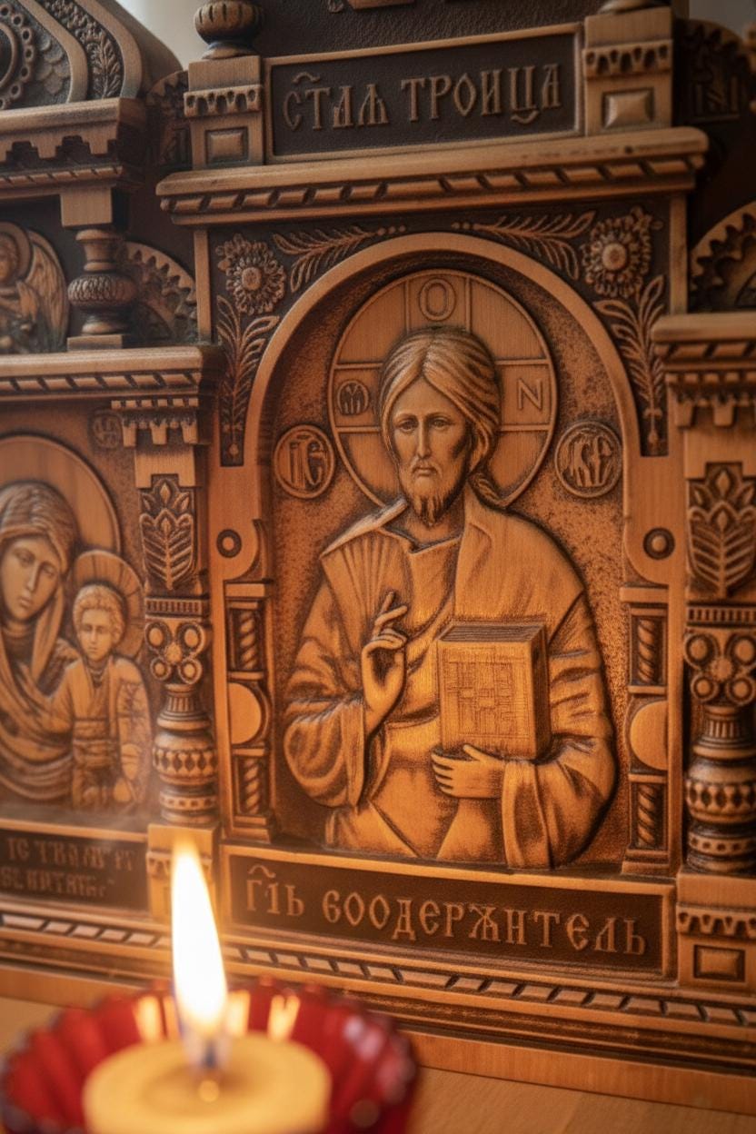 Wood Home Iconostasis 20 in, Stained and Lacquered, Orthodox Prayer Corner with Oil Lamp and Wicks, Jesus Christ Virgin Mary St Nicholas