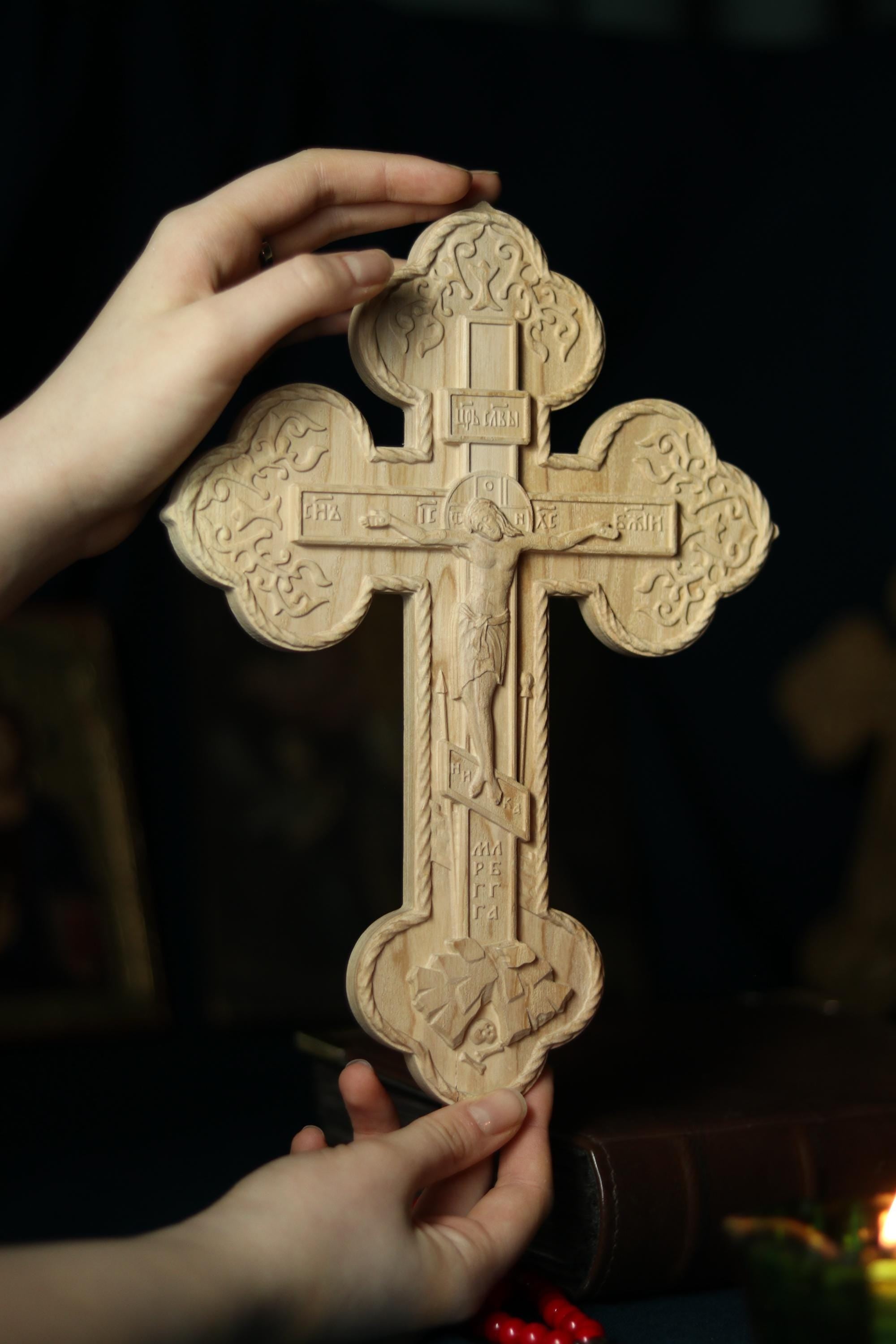 Wooden Orthodox Crucifix 11.8in, Beech Wood Cross, Cross of Lord Jesus Christ