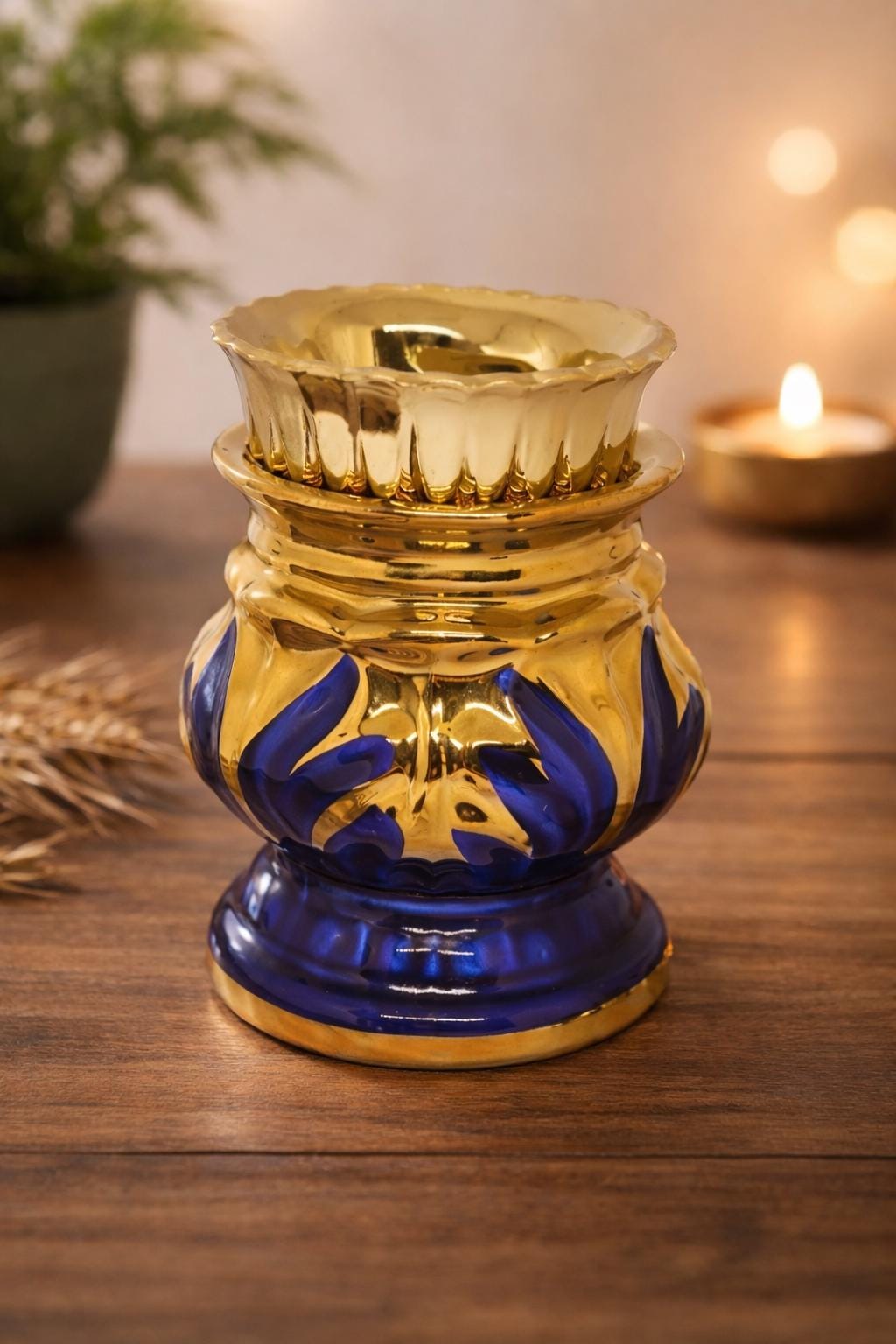 Orthodox Oil Lamp 3.7 in, Blue Ceramic Lampada with Glass Cup, Christian Prayer Lamp, Icon Lamp for Home Altar