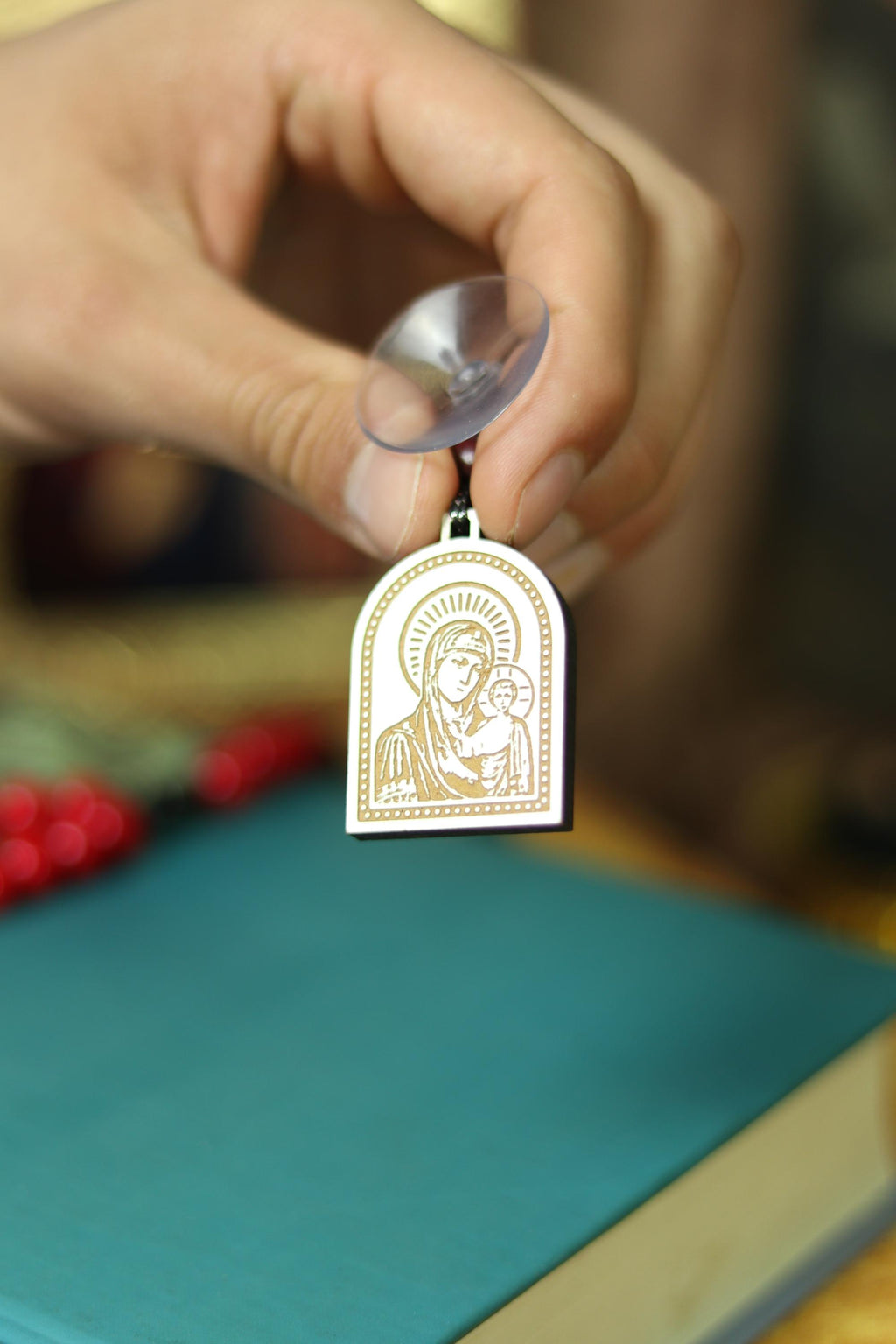 Car Charm Icon “Jesus & The Holy Virgin Mary” – Blessed Orthodox Wooden Pendant with Suction Cup, 3x4.5 cm