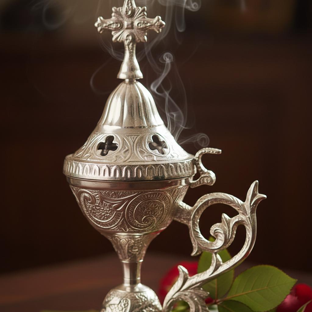 18cm Carved Bronze & Nickel Orthodox Censer, Byzantine Incense Burner, Church Supply, Prayer Corner Decor, Religious Gift
