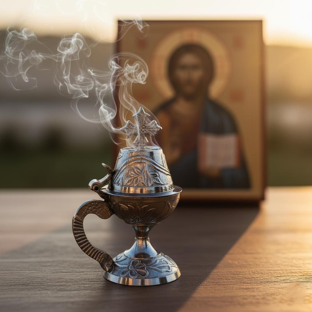 Orthodox Prayer Set: 5.5 in × 3.1 inch gold metal censer, 50 grams of incense, 6 charcoal tablets.