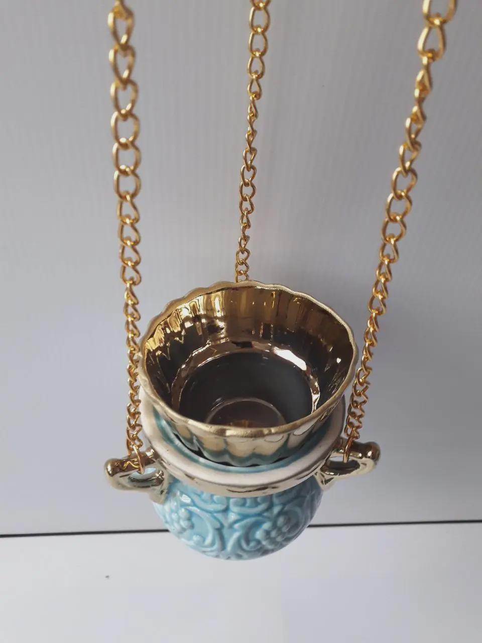 Ceramic Hanging Oil Lamp 6.69in (Blue), Chain 14.57in, Hanging Oil Lamp