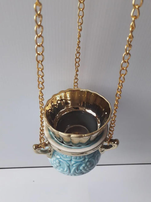Ceramic Hanging Oil Lamp 6.69in (Blue), Chain 14.57in, Hanging Oil Lamp