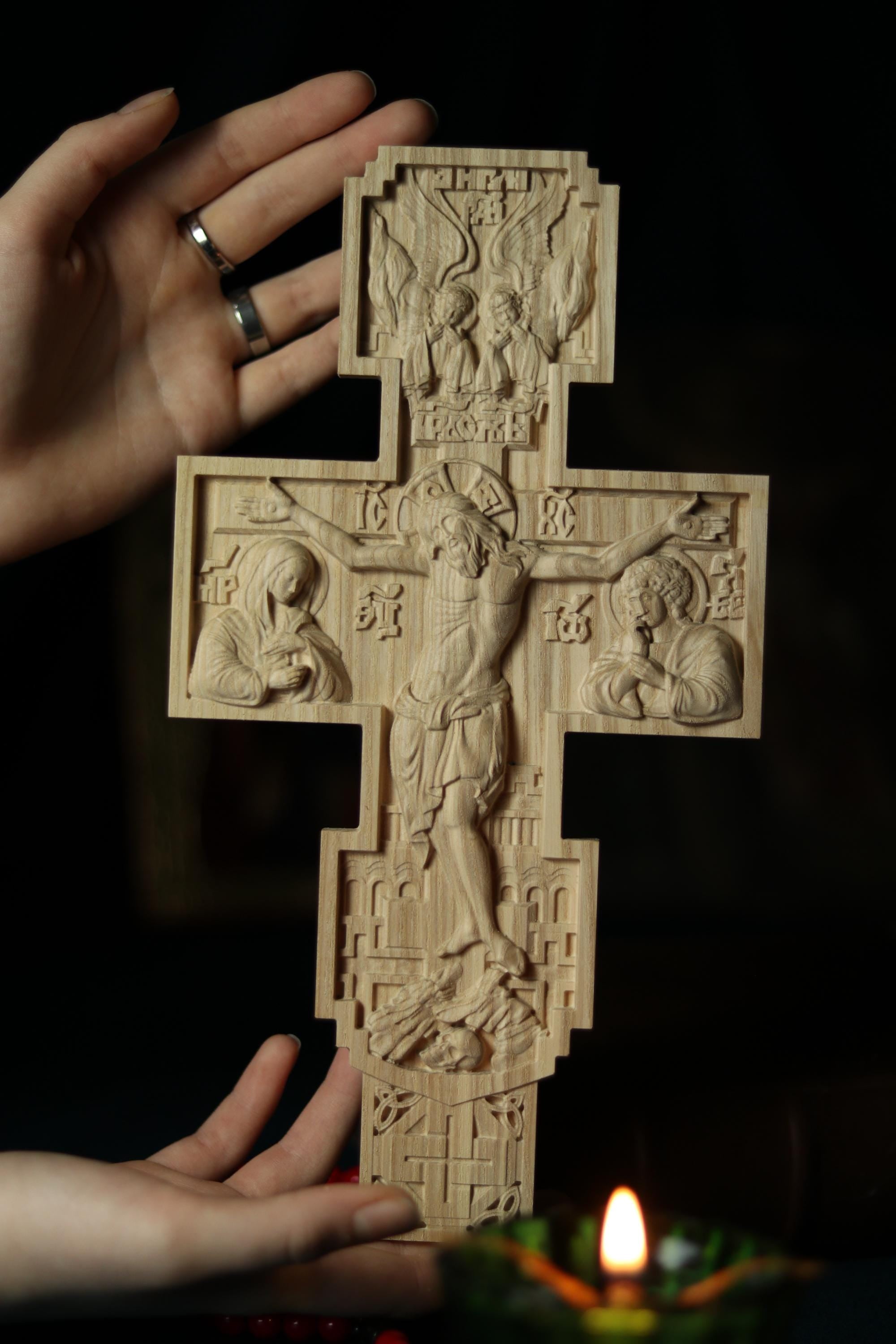 Wooden Beech Crucifix 12 in, Hand Carved Cross, Crucifixion of Jesus Christ, Orthodox Cross, Christian Cross, Wall Cross, Church Decor