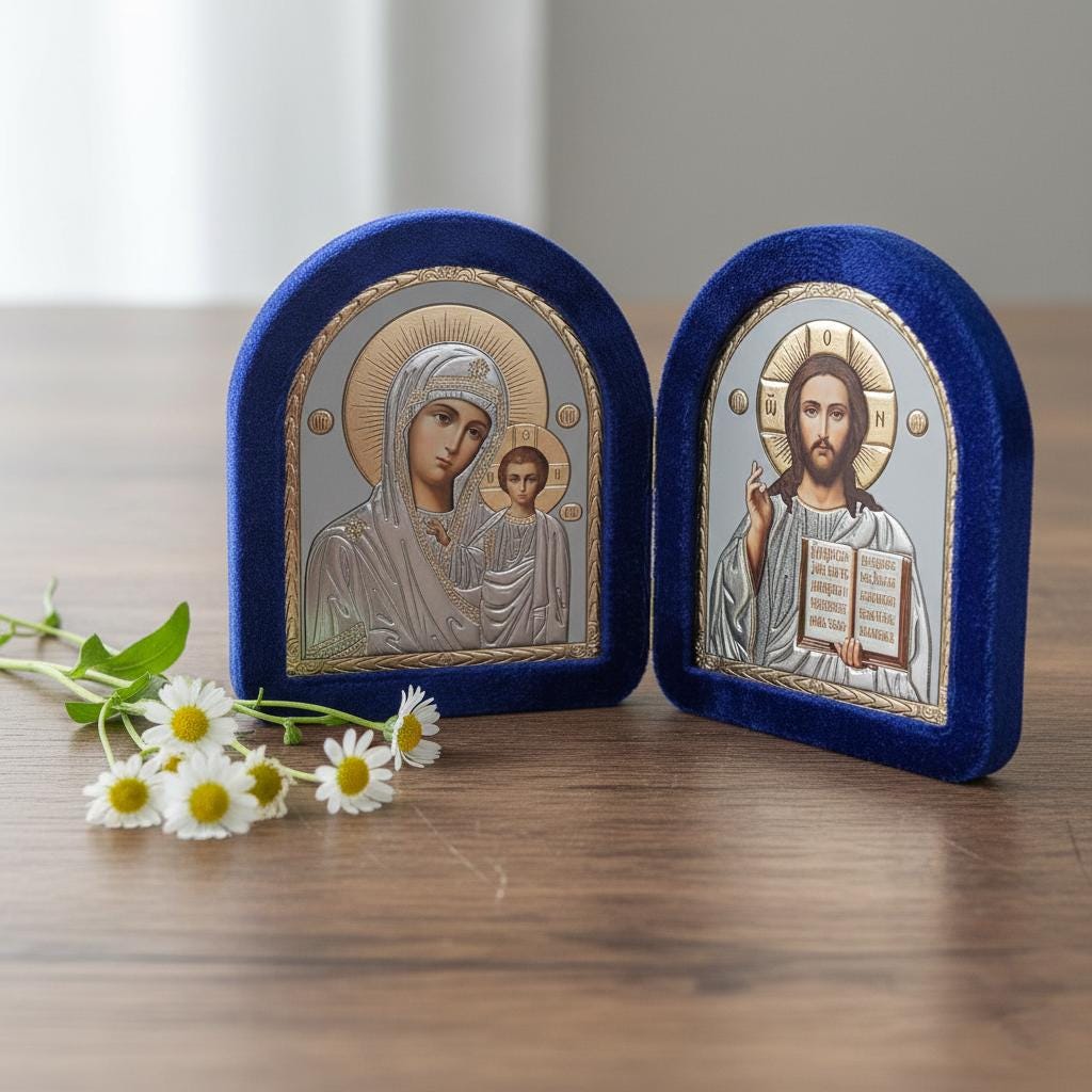 Blue Velvet Orthodox Folding Icon 8.7x5.1 in, Virgin Mary and Jesus Christ Diptych, Home Altar Decor, Religious Gift