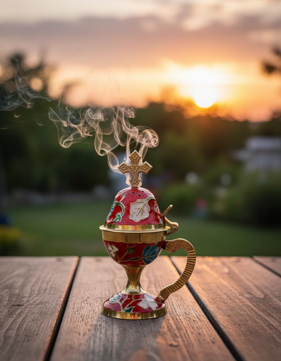 Incense burning set: metal enamel censer 5.9 in, 50 grams of Greek incense, 6 coals 24 mm.