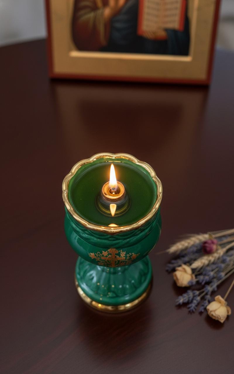 Christian green Ceramic Table Oil Lamp 5.5in. Set Includes: Lamp, floating wick, wick holder