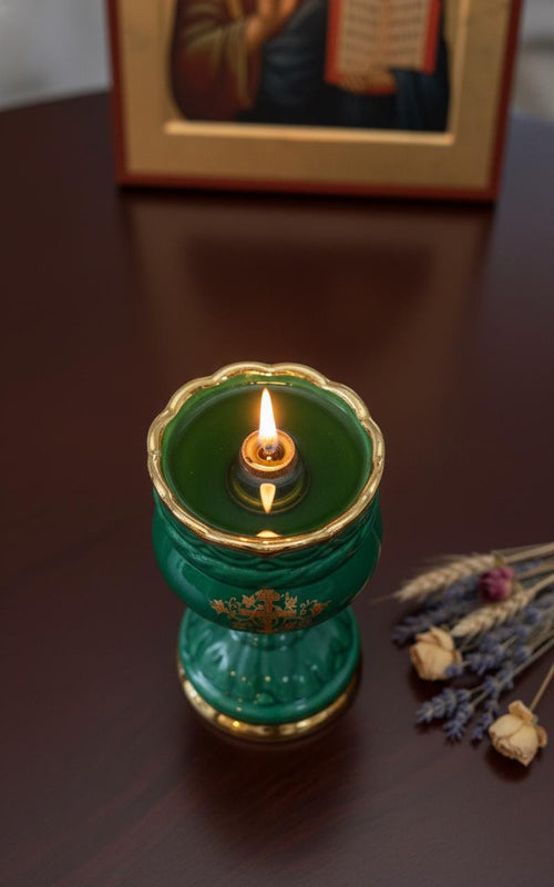 Christian green Ceramic Table Oil Lamp 5.5in. Set Includes: Lamp, floating wick, wick holder