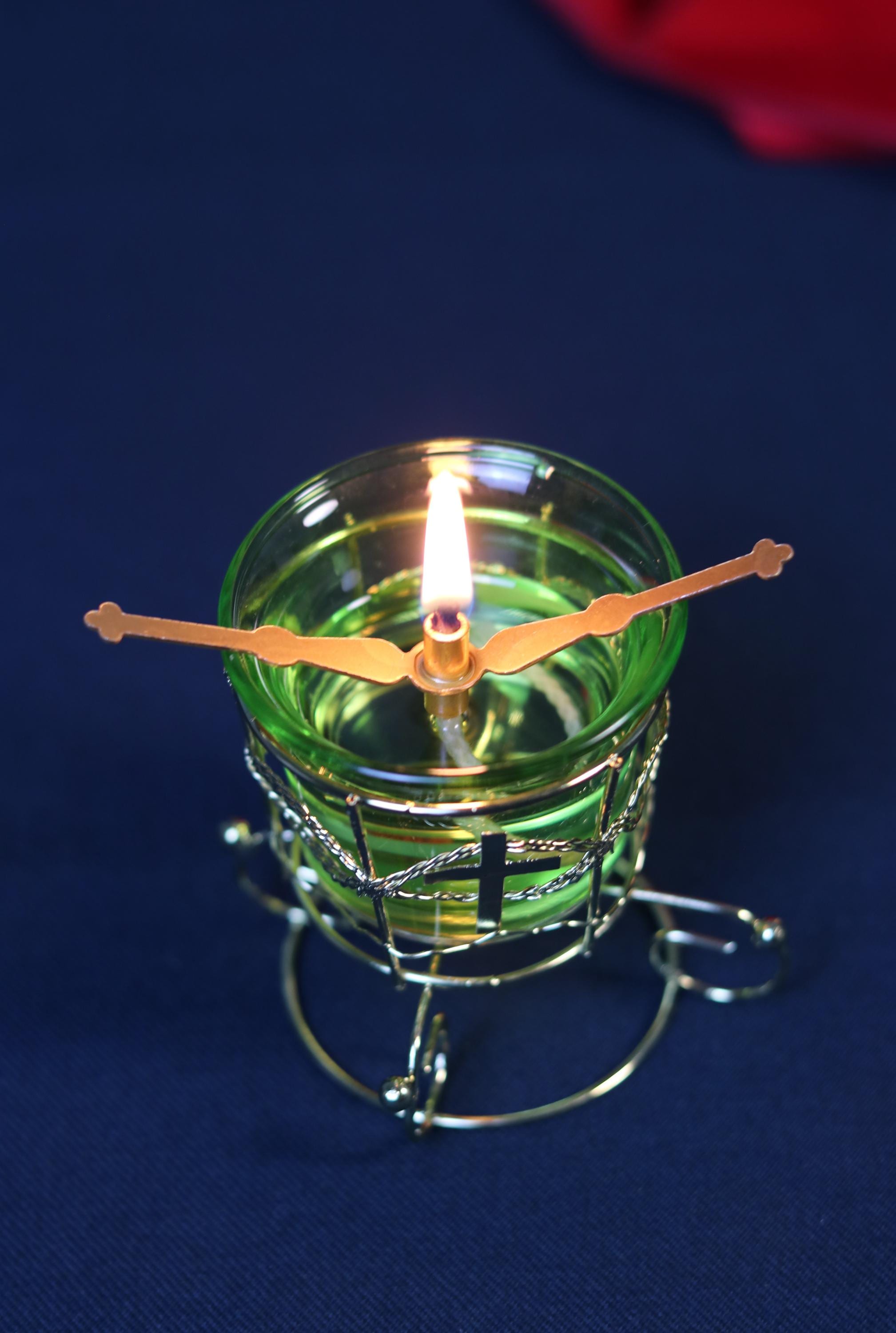 Green Glass Oil Lamp in Metal Stand 2in  – Orthodox Candle Holder for Prayer, Aromatherapy, Altar Decor, Christian Gift, Orthodox prayer