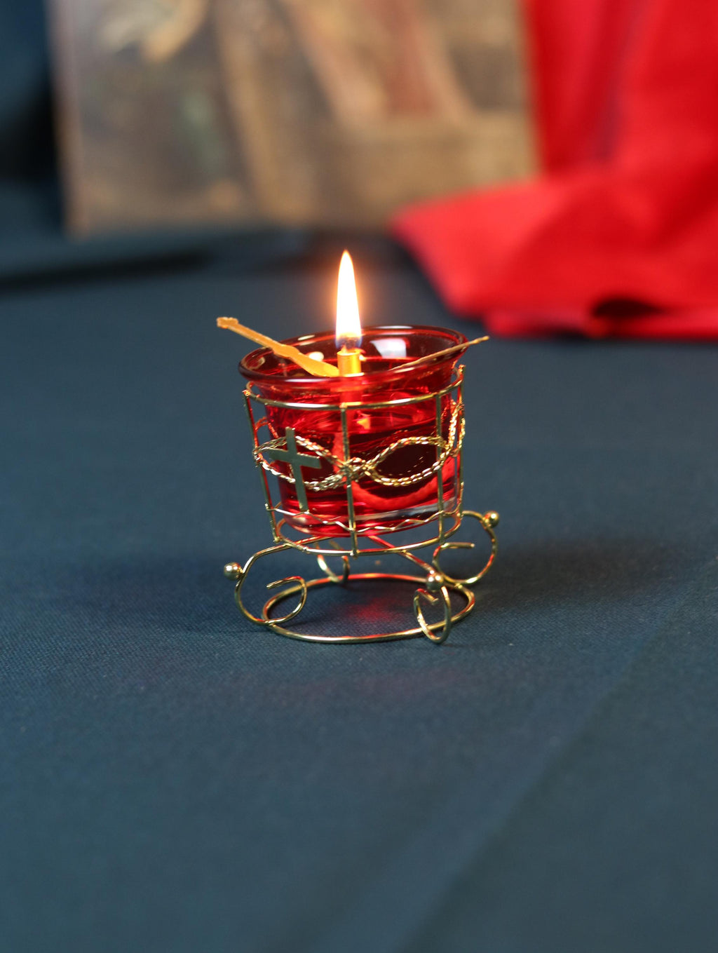 Red Glass Oil Lamp in Metal Stand 2in  – Orthodox Candle Holder for Prayer, Aromatherapy, Altar Decor, Christian Gift, Orthodox prayer