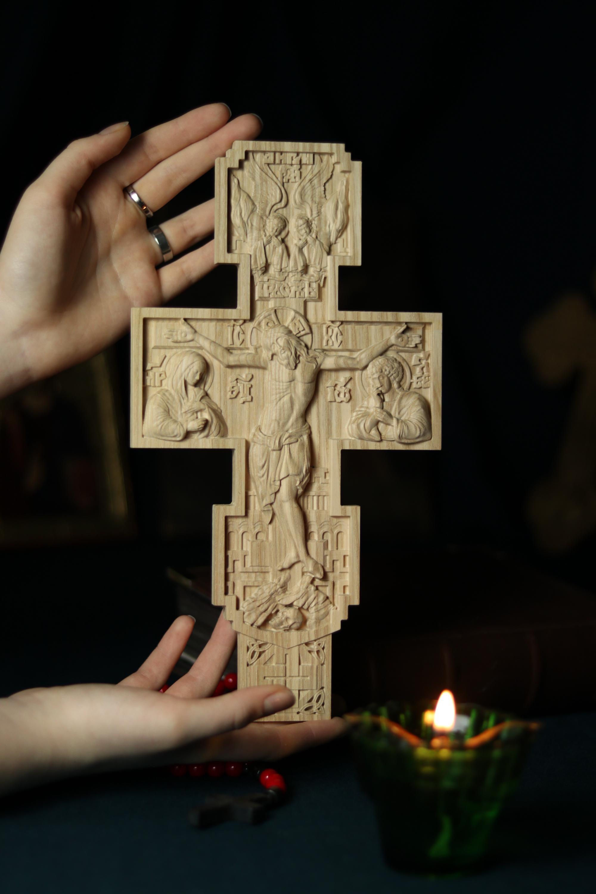 Wooden Beech Crucifix 12 in, Hand Carved Cross, Crucifixion of Jesus Christ, Orthodox Cross, Christian Cross, Wall Cross, Church Decor