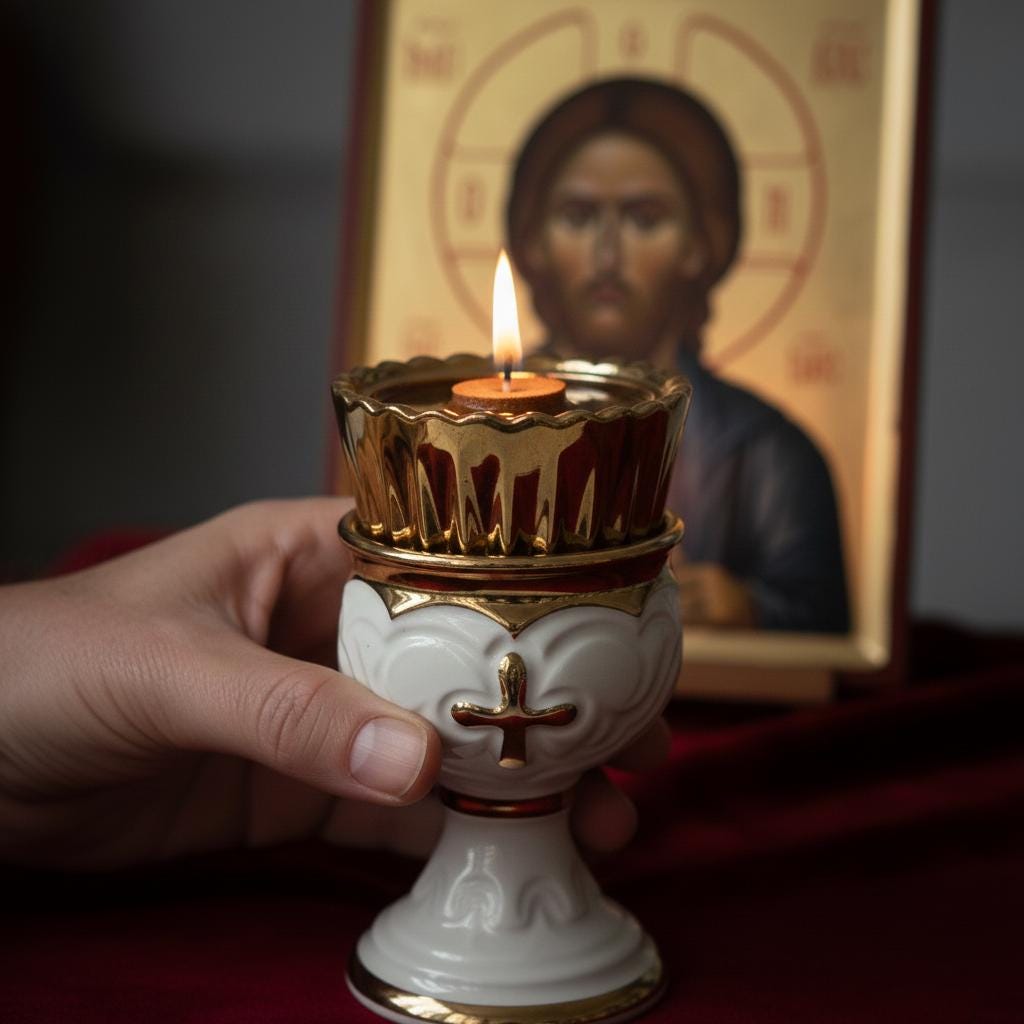 White Ceramic Icon Lamp 4.9in, Orthodox Oil Lamp, Church Lamp, Prayer Corner Lamp, Religious Decor, Orthodox Gift