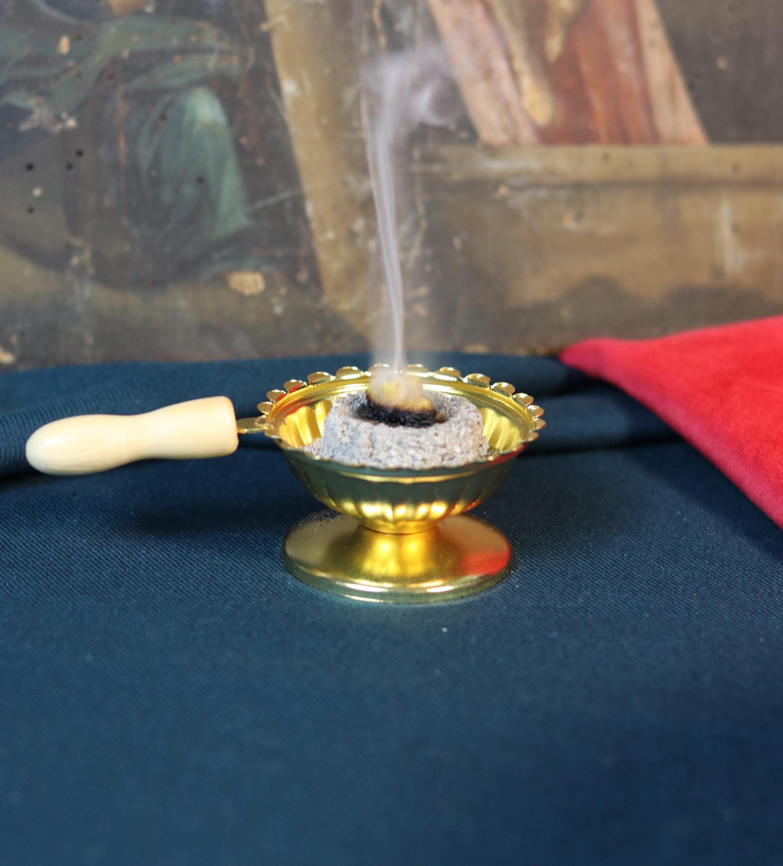 For Home Incense Set: 2in Brass Censer, 6 Charcoal Tablets (0.94in), 50g Greek Monastery Incense
