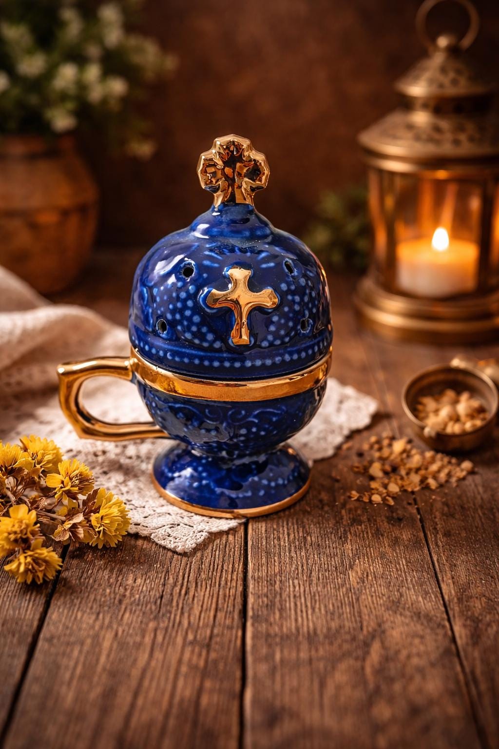 Orthodox Ceramic Incense Blue Burner with Cross 6.3 inches, Christian Incense Holder