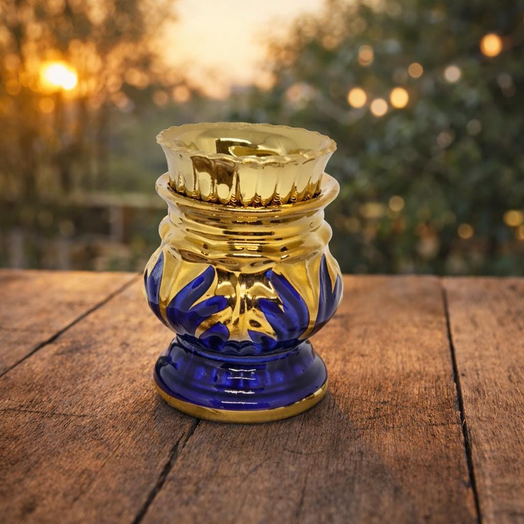 Orthodox Oil Lamp 3.7 in, Blue Ceramic Lampada with Glass Cup, Christian Prayer Lamp, Icon Lamp for Home Altar