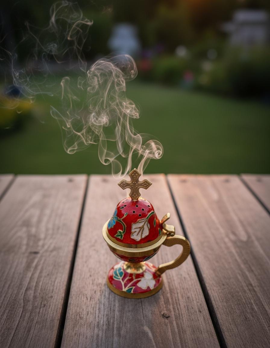 Incense burning set: metal enamel censer 5.9 in, 50 grams of Greek incense, 6 coals 24 mm.