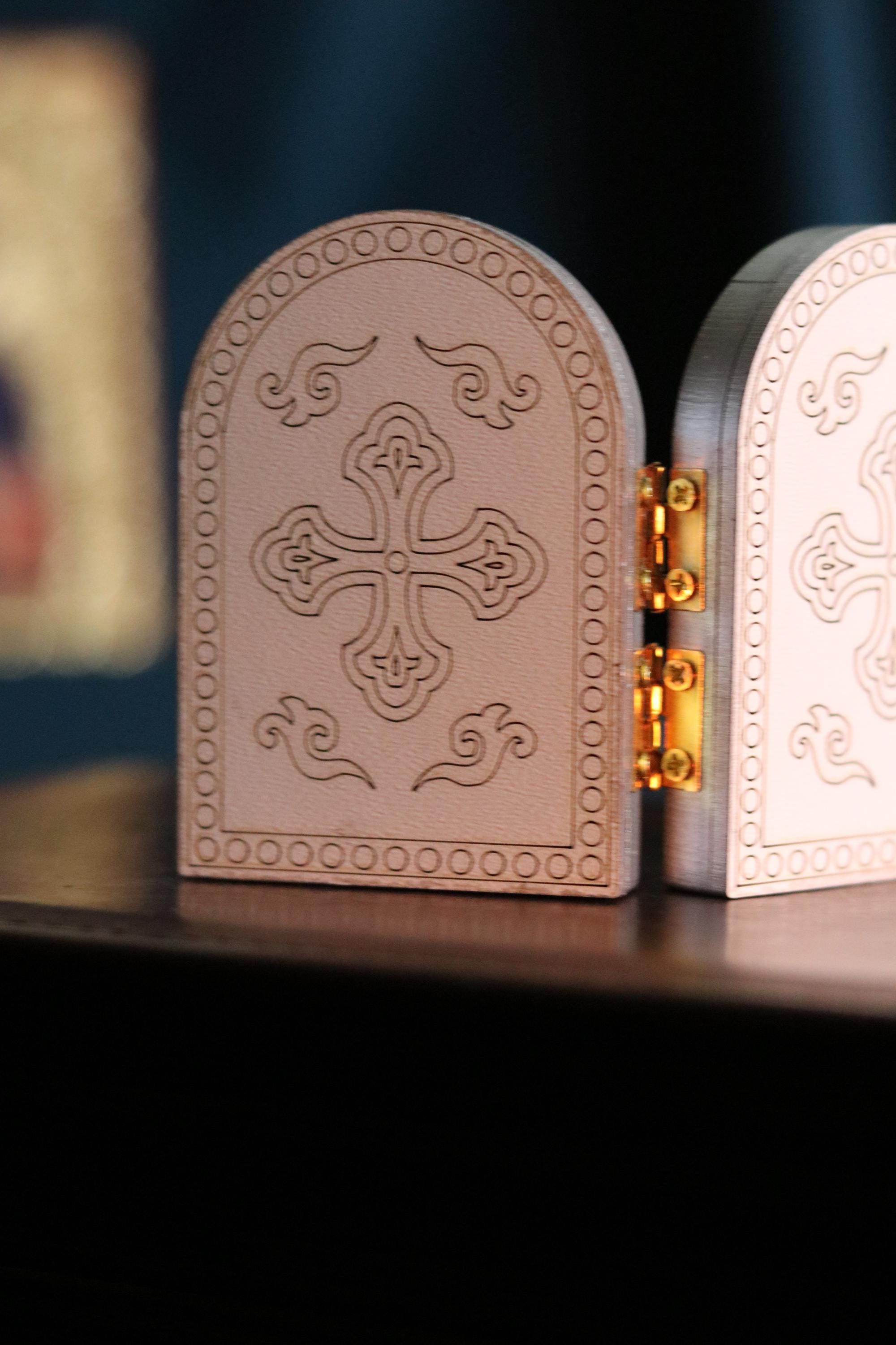 Wooden Orthodox Folding Icon 3.1in, Travel Diptych, Virgin Mary And Jesus Christ, Pocket Icon