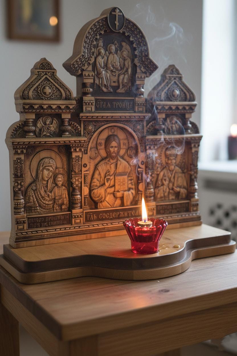 Wood Home Iconostasis 20 in, Stained and Lacquered, Orthodox Prayer Corner with Oil Lamp and Wicks, Jesus Christ Virgin Mary St Nicholas