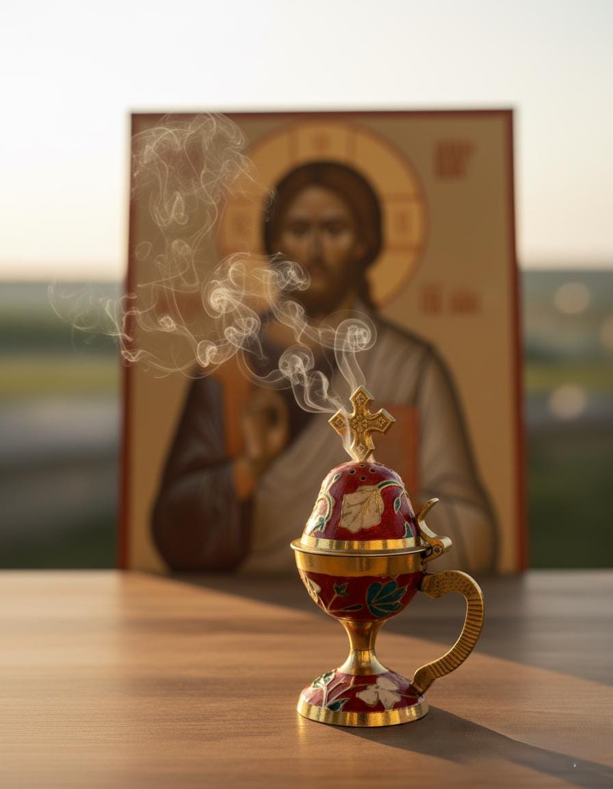 Incense burning set: metal enamel censer 5.9 in, 50 grams of Greek incense, 6 coals 24 mm.