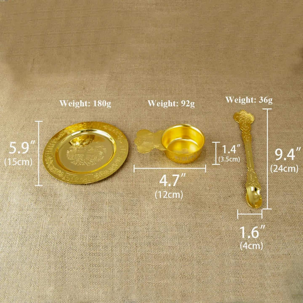 Orthodox Eucharistic accessories: chalice, paten, spoon, ewer. Holy Communion set.
