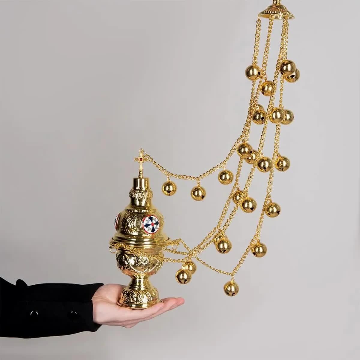 Gold Hanging Orthodox Censer 26in with 24 Bells | Brass Incense Burner | Designs with Cross or Saints (Jesus, Mary, Nicholas)