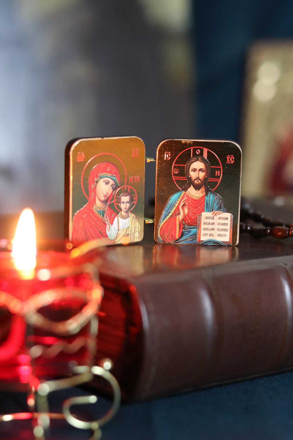 Diptych icon of Jesus Christ and the Mother of God, 2x1.6 in