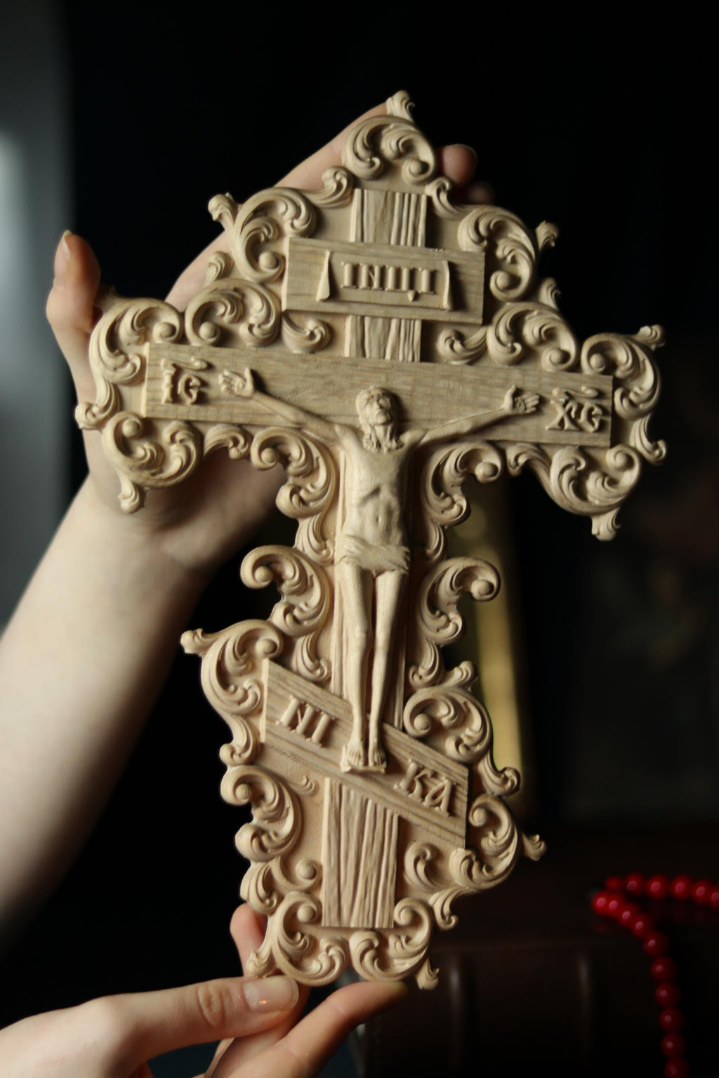12in Beech Wood Crucifix, Hand Carved Wooden Cross, Cross of Lord Jesus Christ, Christian Cross, Orthodox Cross, Wall Cross