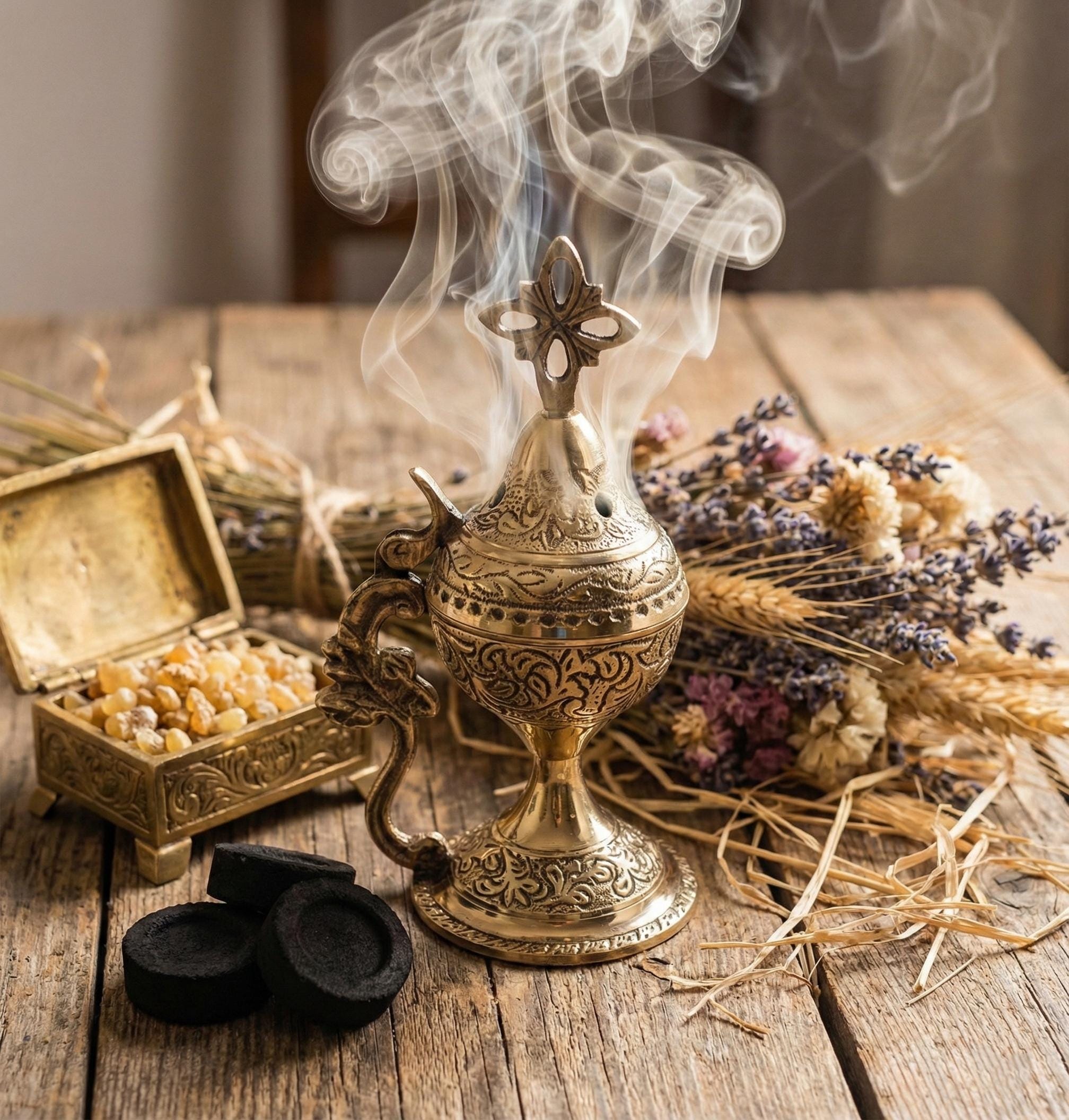 Incense set: 5.5-inch engraved metal censer, 50 grams of Greek incense, 6 tablets of charcoal.