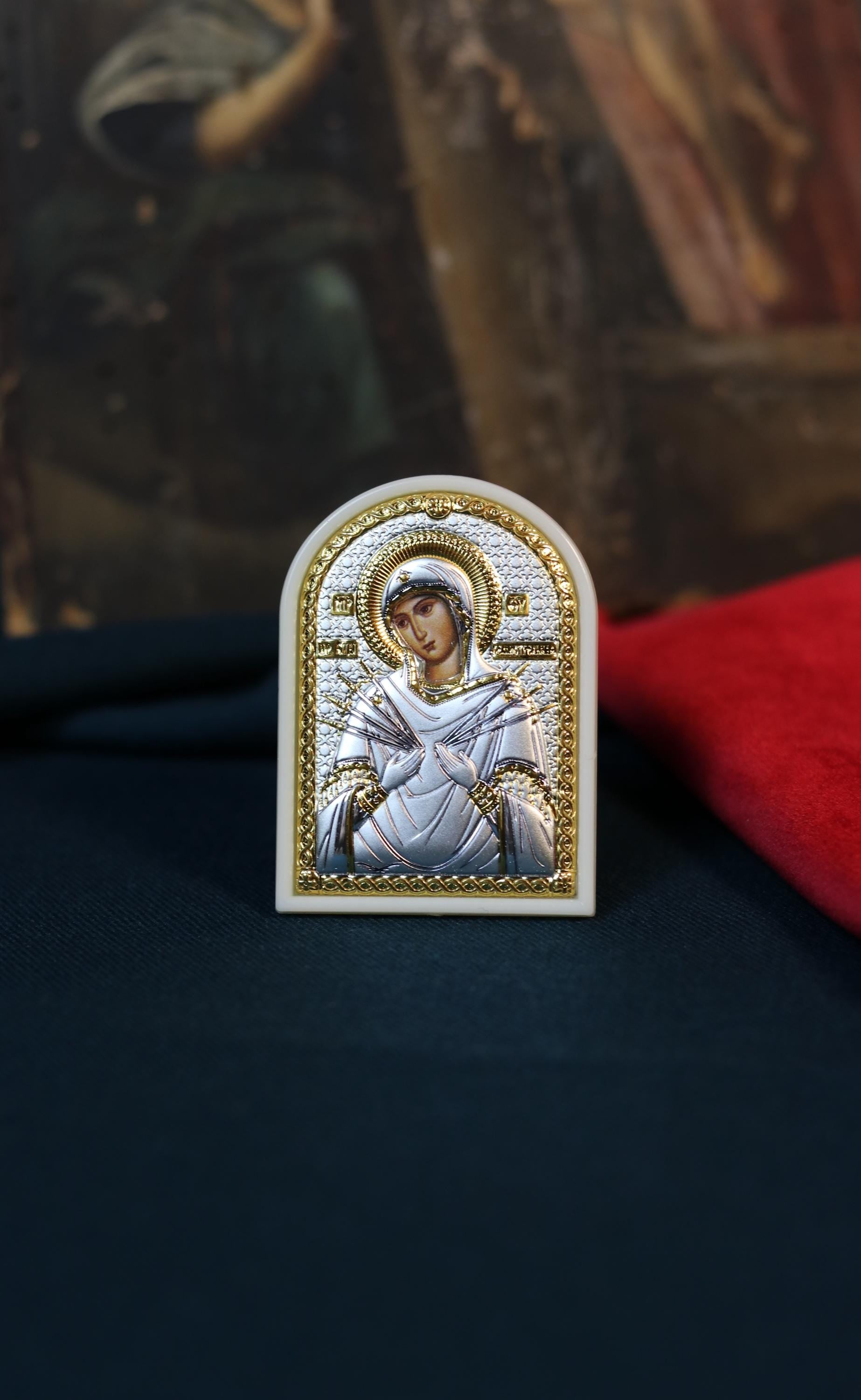 Mini Orthodox Icon of Virgin Mary "Softener of Evil Hearts" – 1.89 x 2.56 in – 925 Silver & Gold – Blessed Travel Icon – Handmade