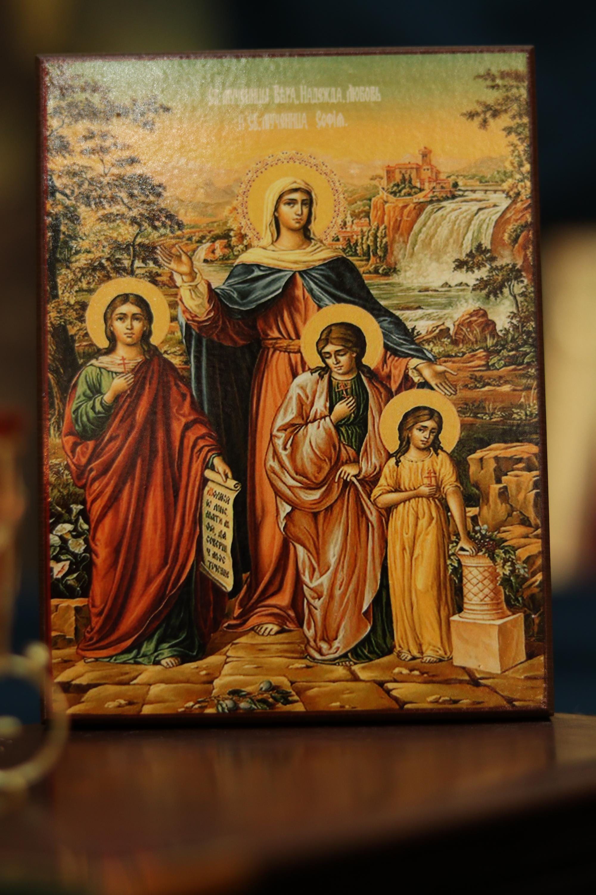 Saints Mother Sophia with Faith, Hope and Charity (Love) Icon Orthodox Wooden Plaque 6.3in